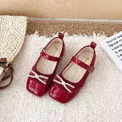 Toddler, Young Girls & Girls Maroon Bead Bow Square Toe Dress Shoes | Lucys 12549