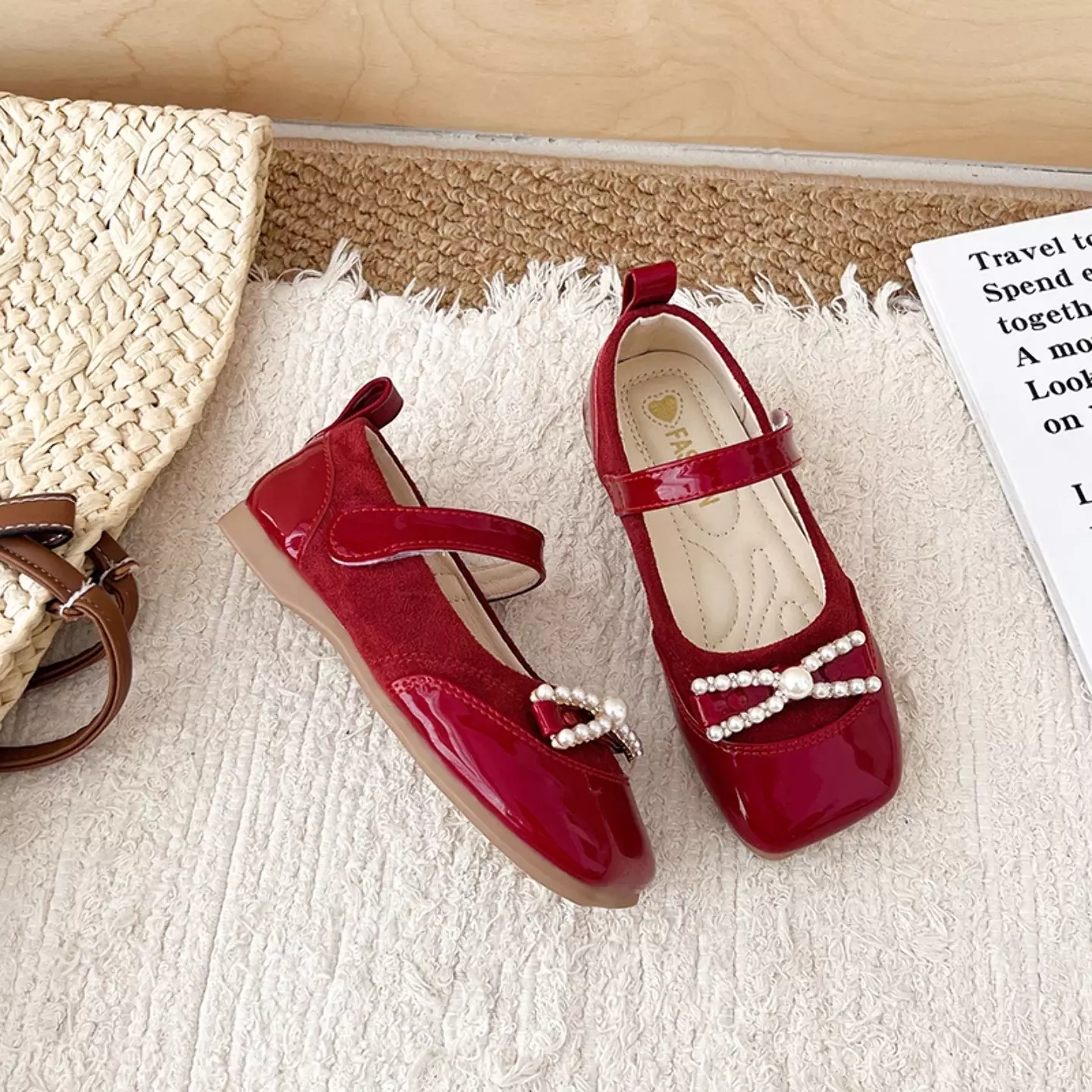Toddler, Young Girls & Girls Maroon Bead Bow Square Toe Dress Shoes | Lucys 12549