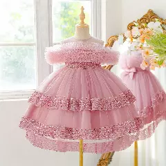 Emilia II Dusty Pink Ruffle Yoke Sequin Tiered Girls Dress