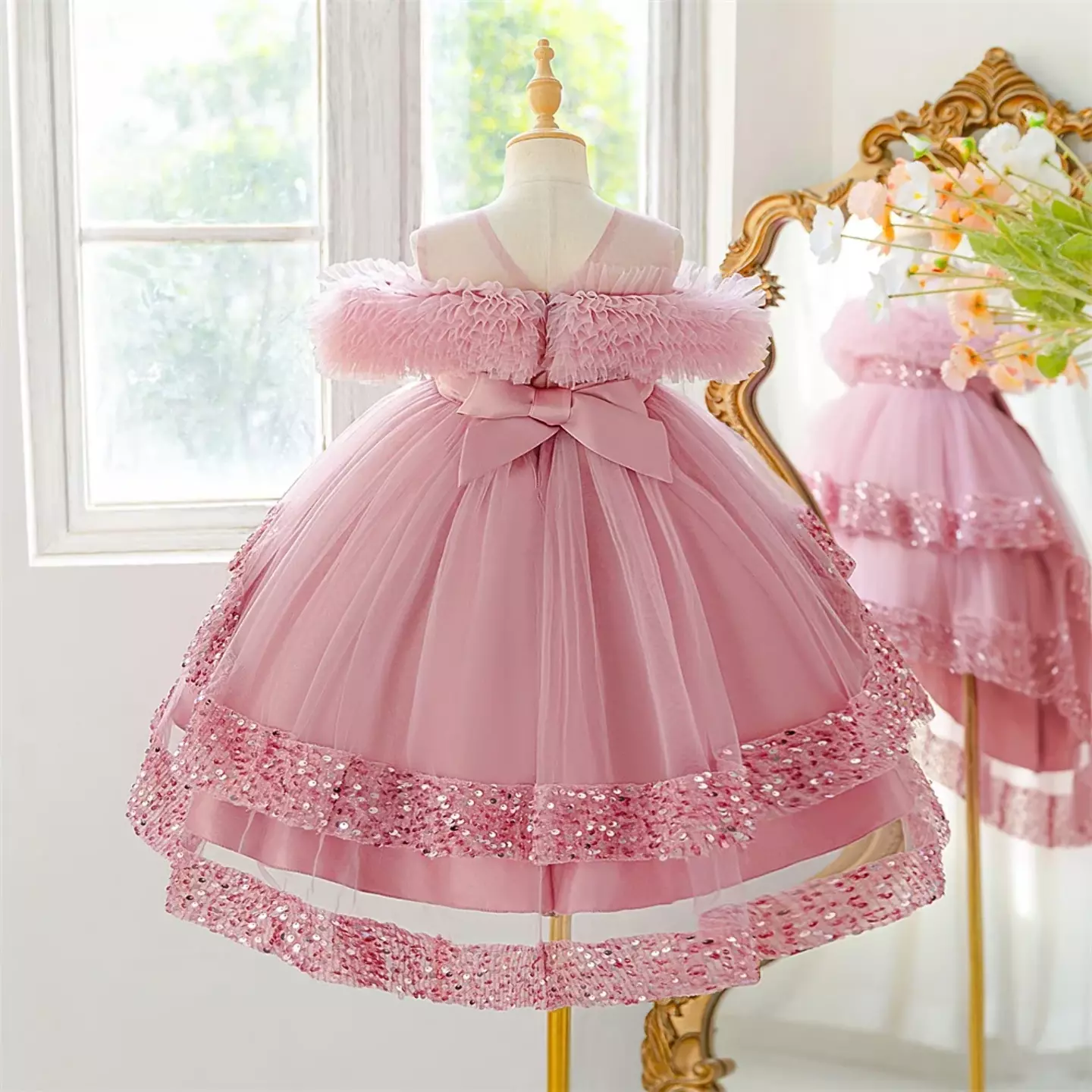 Emilia II Dusty Pink Ruffle Yoke Sequin Tiered Girls Dress
