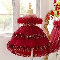 Emilia II Maroon Sequin Tiered Tulle Girls Party Dress