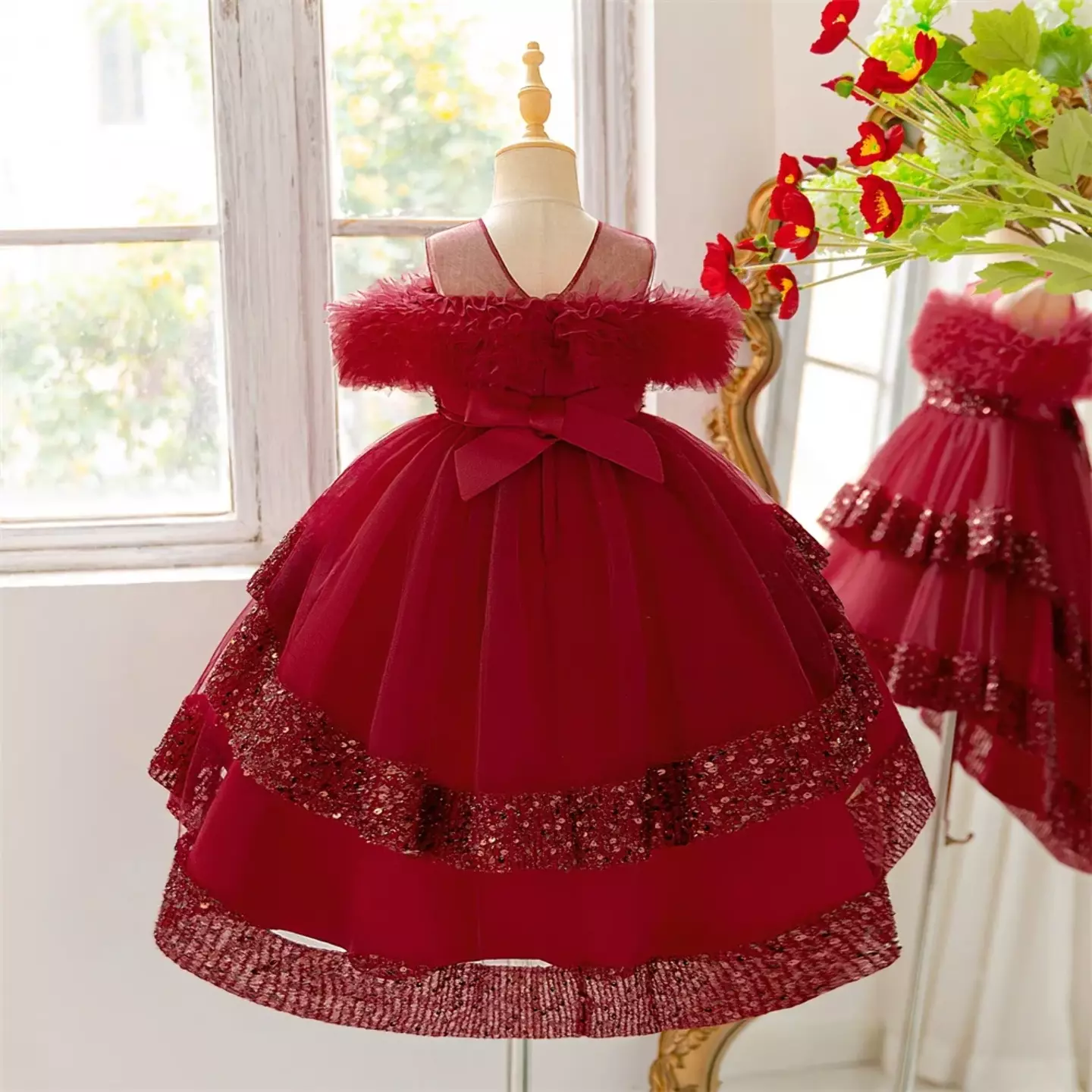 Emilia II Maroon Sequin Tiered Tulle Girls Party Dress