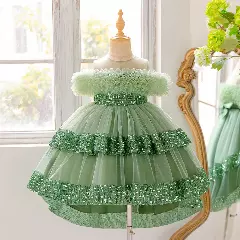 Emilia II Sage Green Bow Back Sequin Tiered Girls Dress