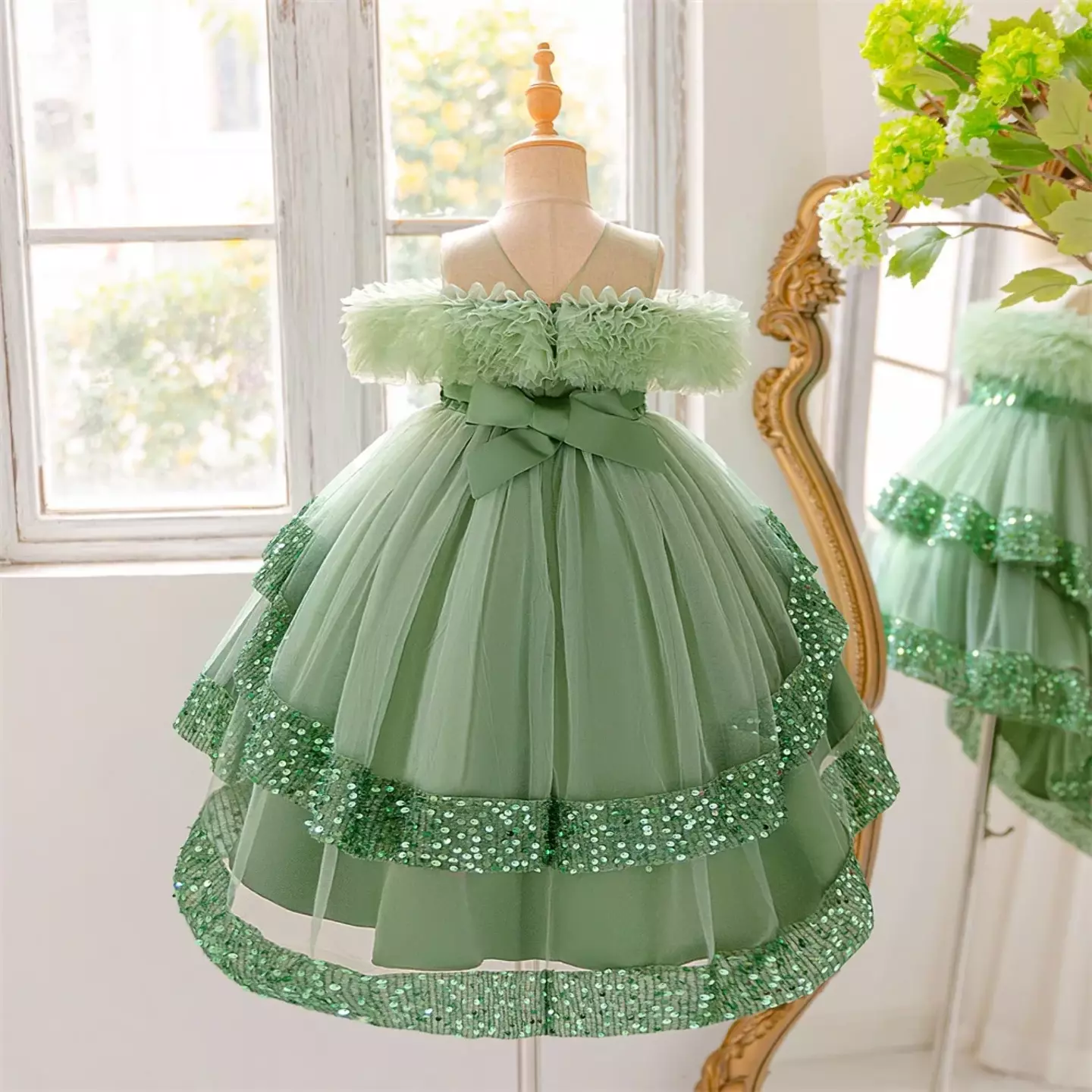Emilia II Sage Green Bow Back Sequin Tiered Girls Dress