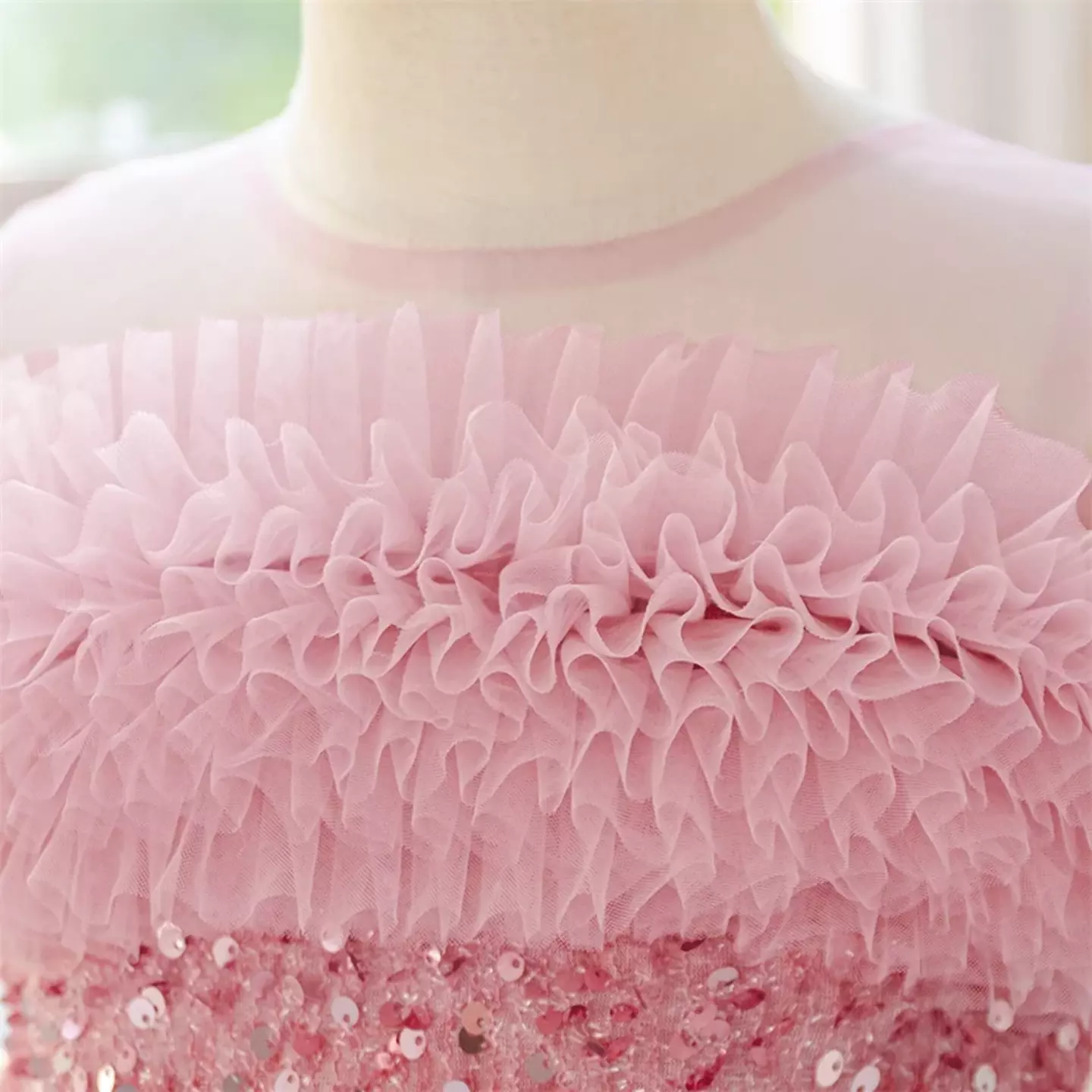 Emilia II Dusty Pink Ruffle Yoke Sequin Tiered Girls Dress