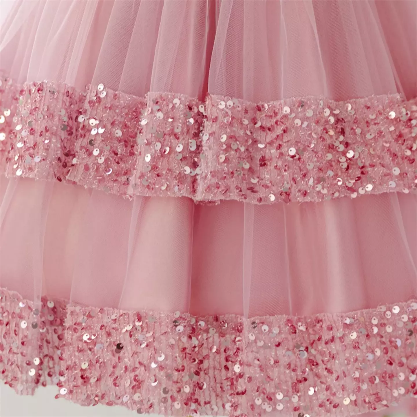 Emilia II Dusty Pink Ruffle Yoke Sequin Tiered Girls Dress