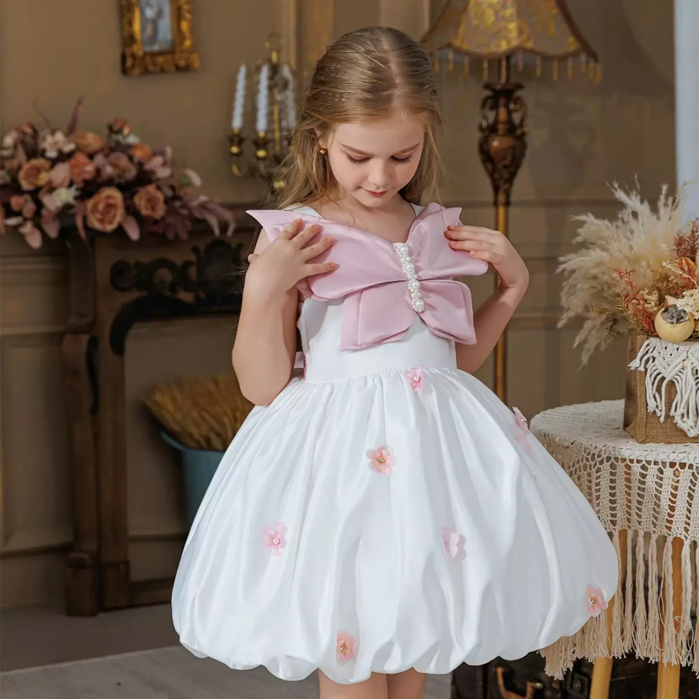 Harrison White Bubble Hem Girls Party Dress with Pink Bow