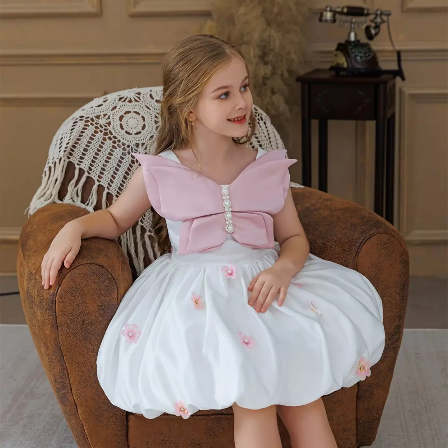 Harrison White Bubble Hem Girls Party Dress with Pink Bow