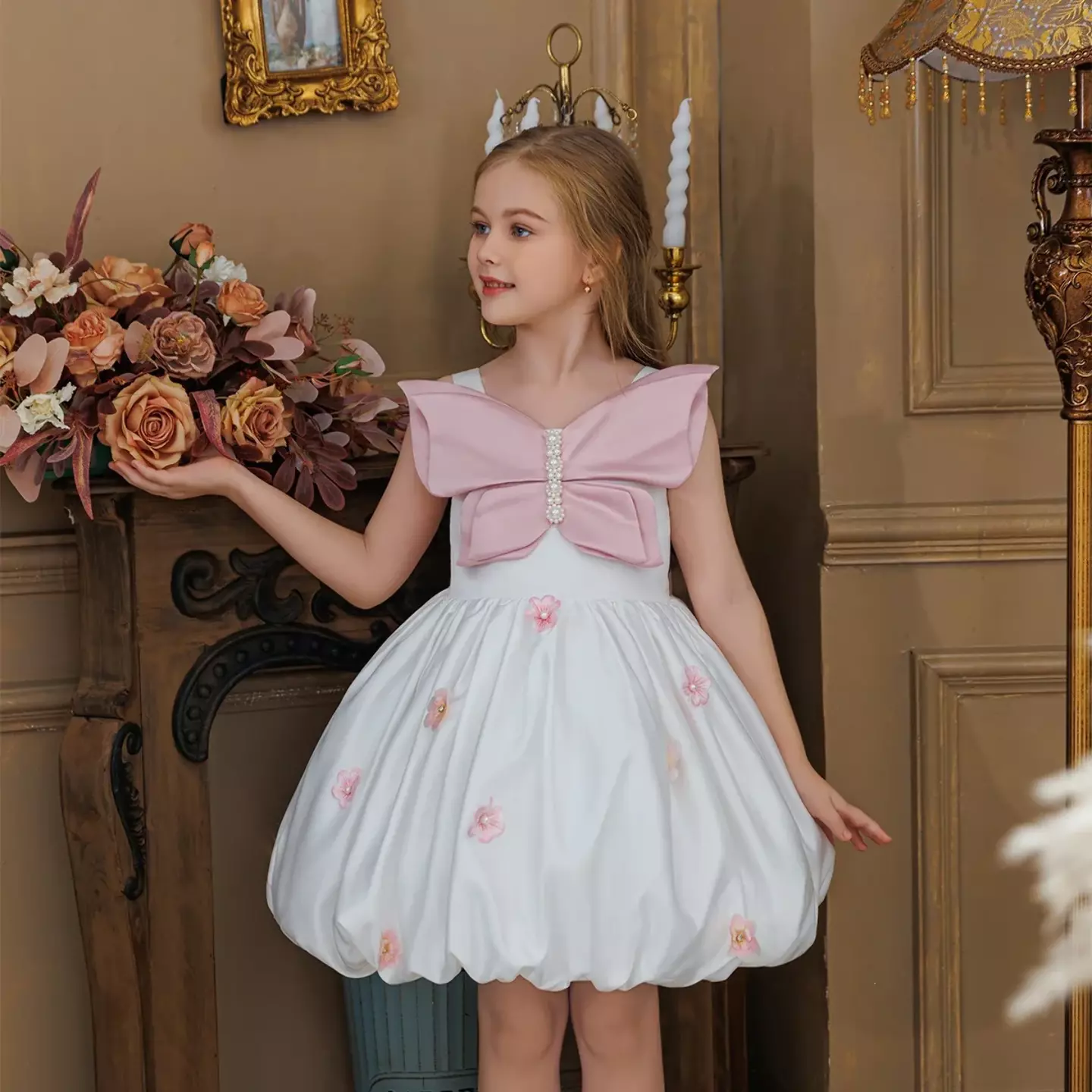 Harrison White Bubble Hem Girls Party Dress with Pink Bow