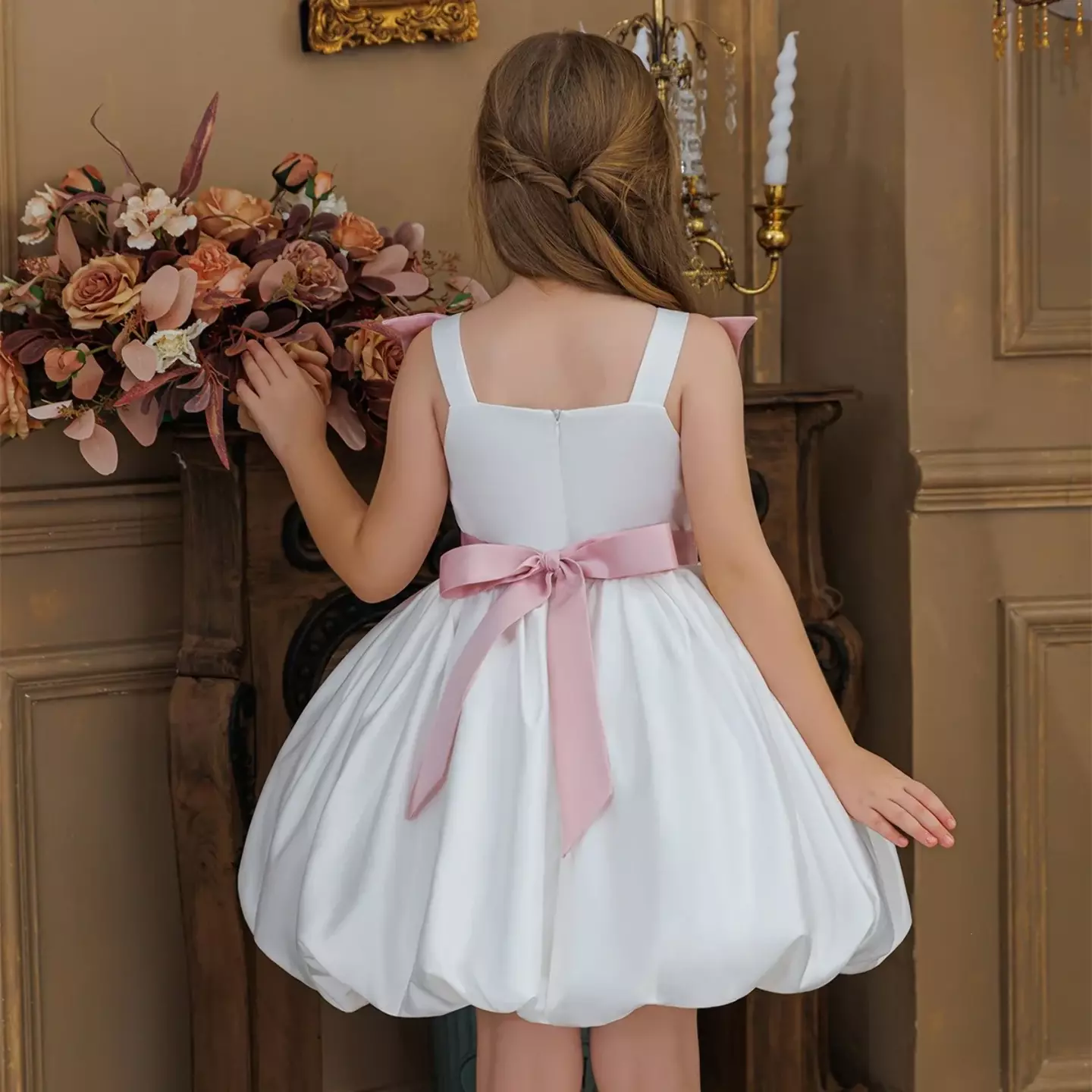 Harrison White Bubble Hem Girls Party Dress with Pink Bow