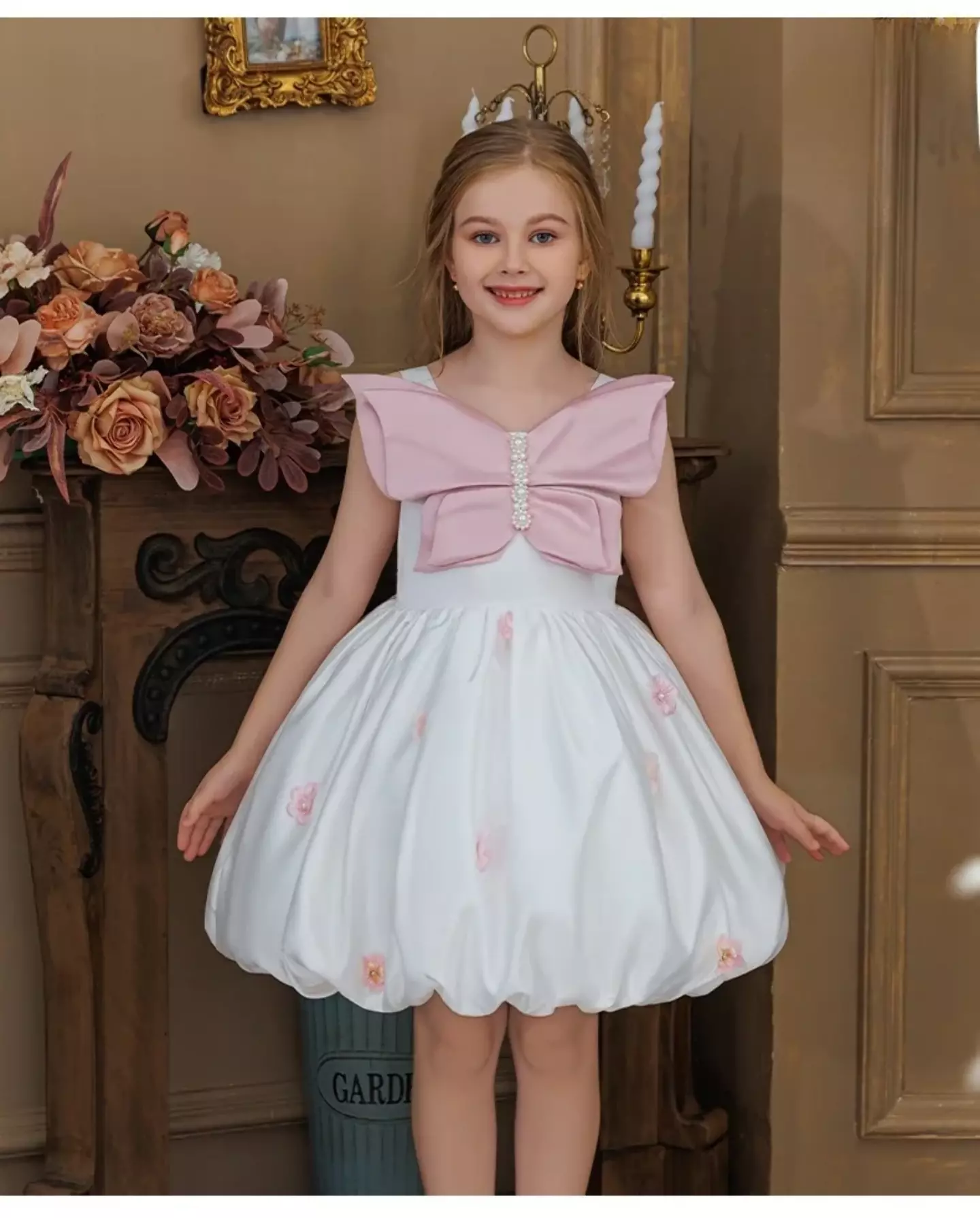 Harrison White Bubble Hem Girls Party Dress with Pink Bow