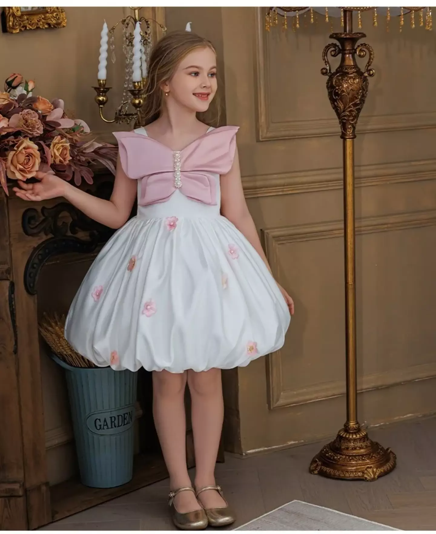 Harrison White Bubble Hem Girls Party Dress with Pink Bow