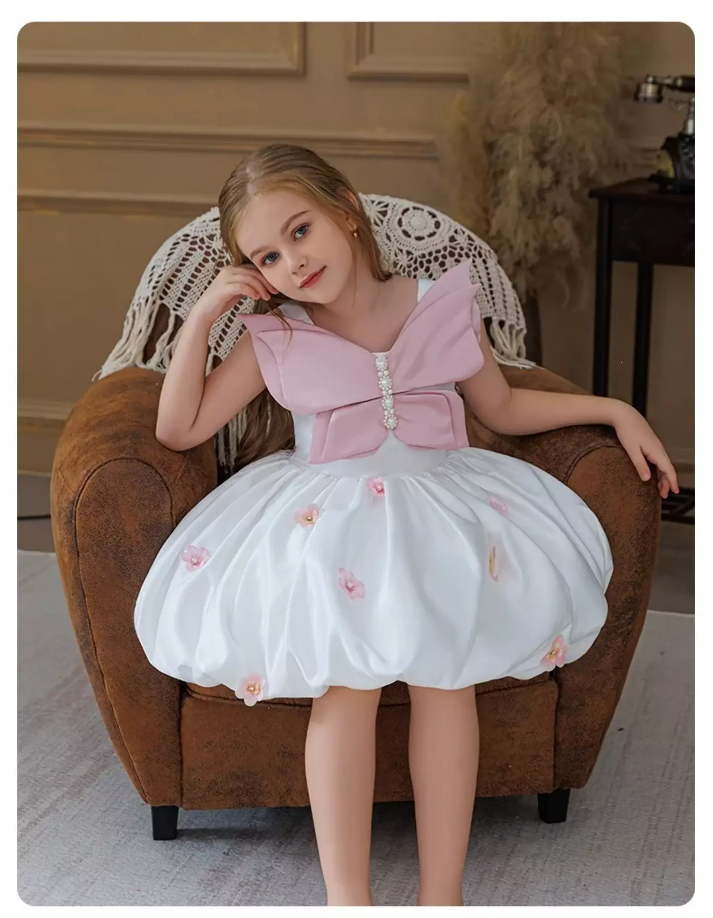 Harrison White Bubble Hem Girls Party Dress with Pink Bow