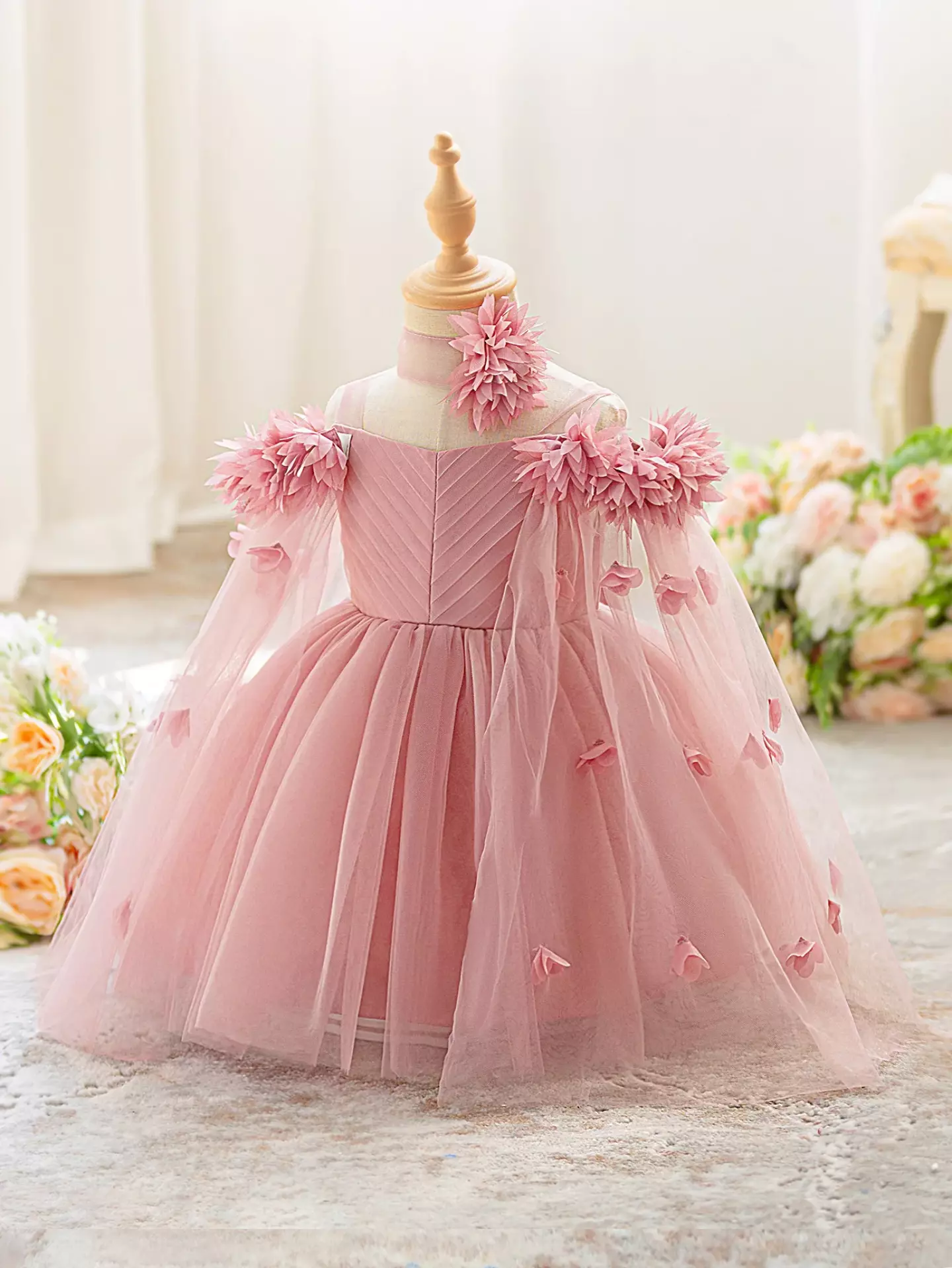 Jee Dusty Pink 3D Flower Tulle Cape Baby Girls Party Dress | Lucys