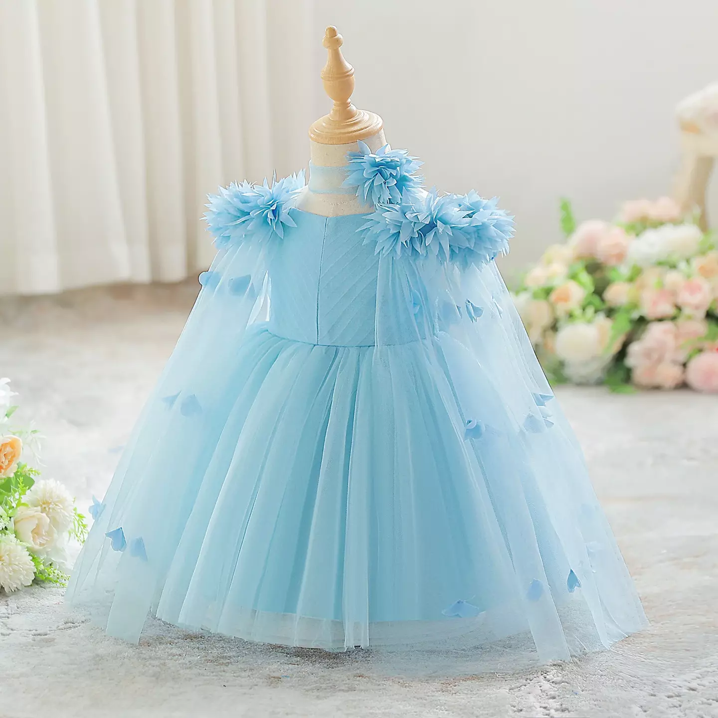 Jee Light Blue 3D Flower Tulle Cape Baby Girls Party Dress | Lucys
