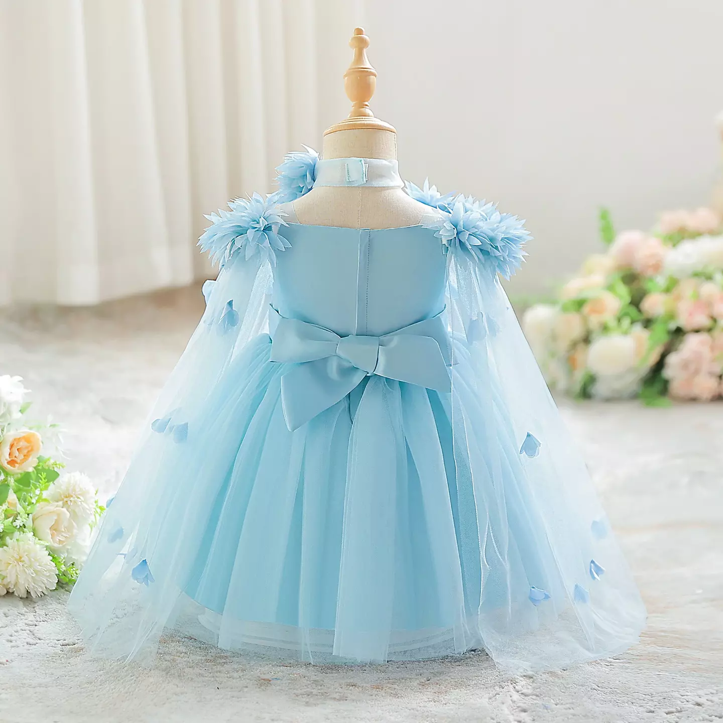Jee Light Blue 3D Flower Tulle Cape Baby Girls Party Dress | Lucys