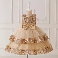 Lindsey Beige Back Sash Bow Sequin Girls Dress