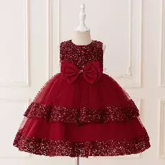 Lindsey Maroon Beaded Bow Sequin Skirt Dress for Girls