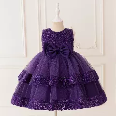 Lindsey Purple Round Neck Sequin Bow Girls Party Dress