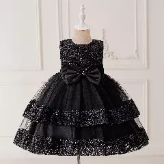 Lindsey Black Sleeveless Sequin Bow Girls Party Dress
