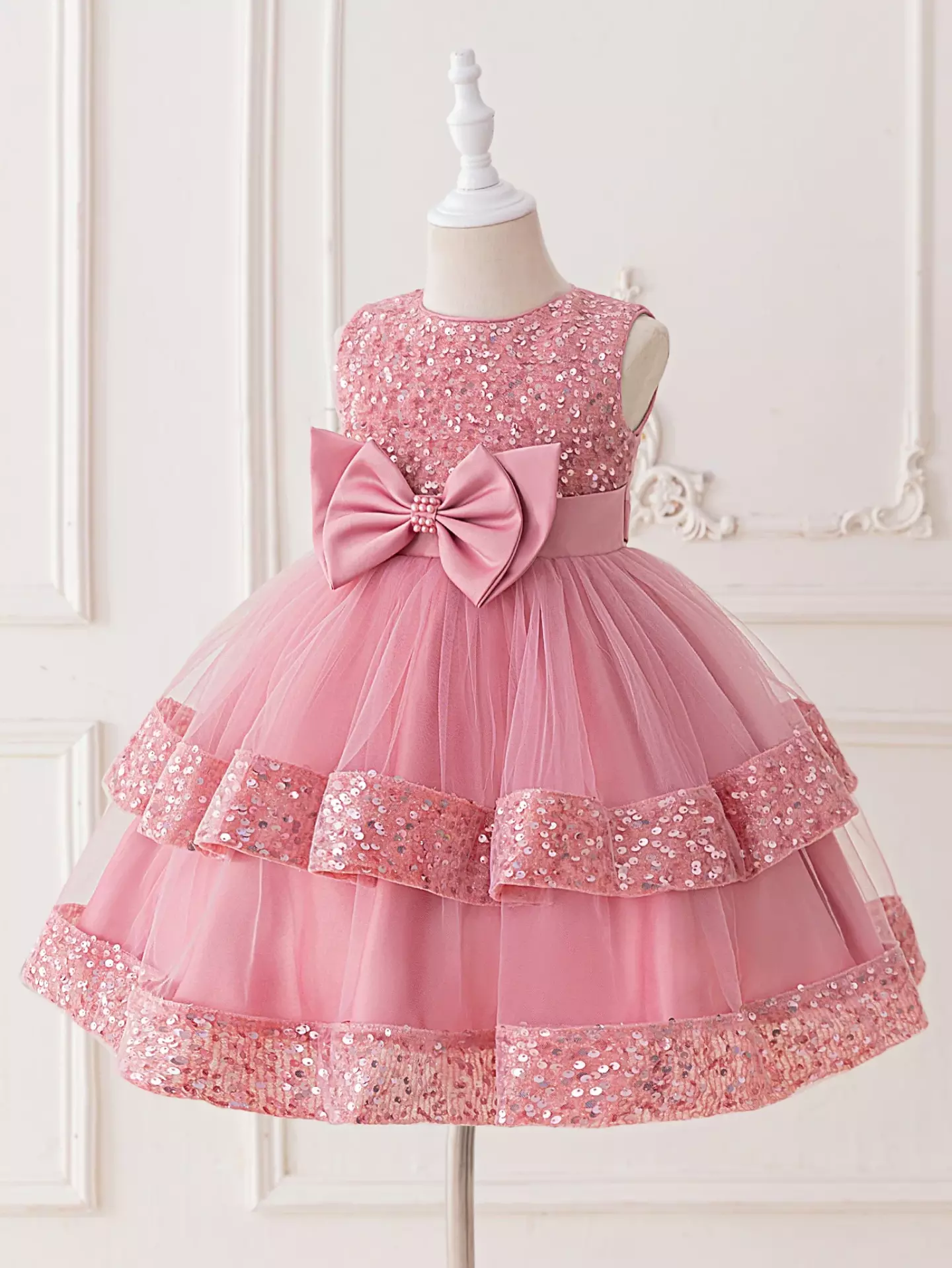 Lindsey Dusty Pink Sequin Band Bow Party Dress for Girls