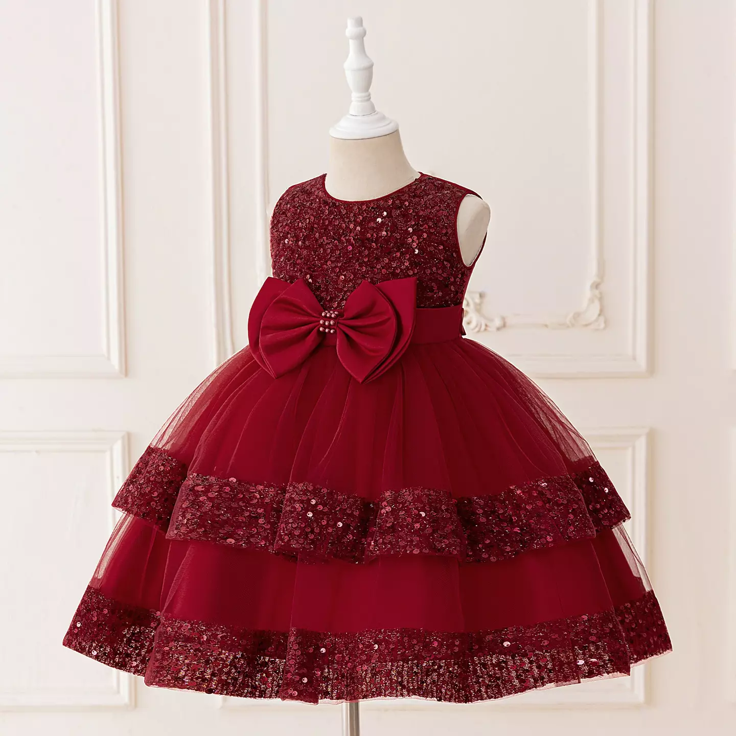 Lindsey Maroon Beaded Bow Sequin Skirt Dress for Girls