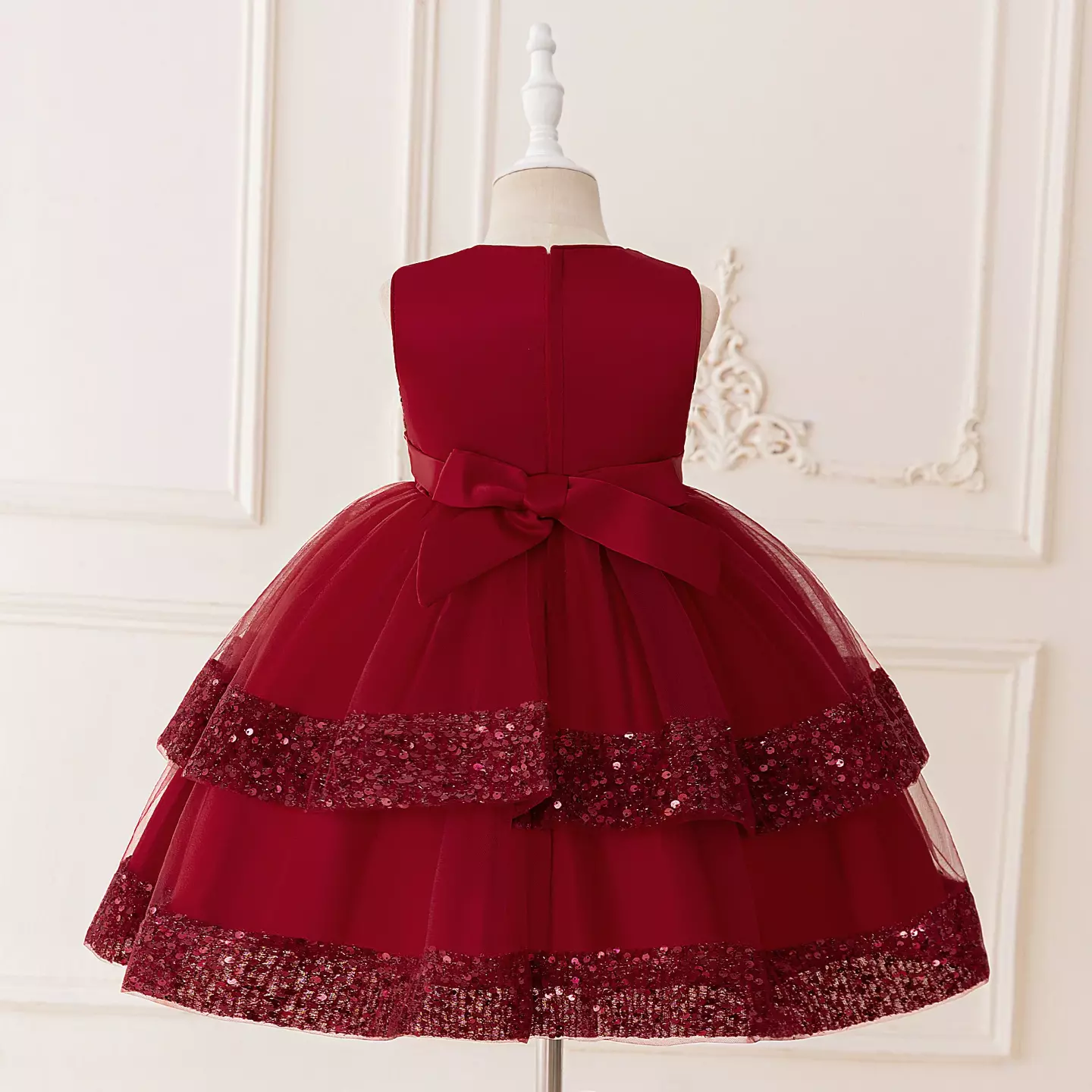 Lindsey Maroon Beaded Bow Sequin Skirt Dress for Girls