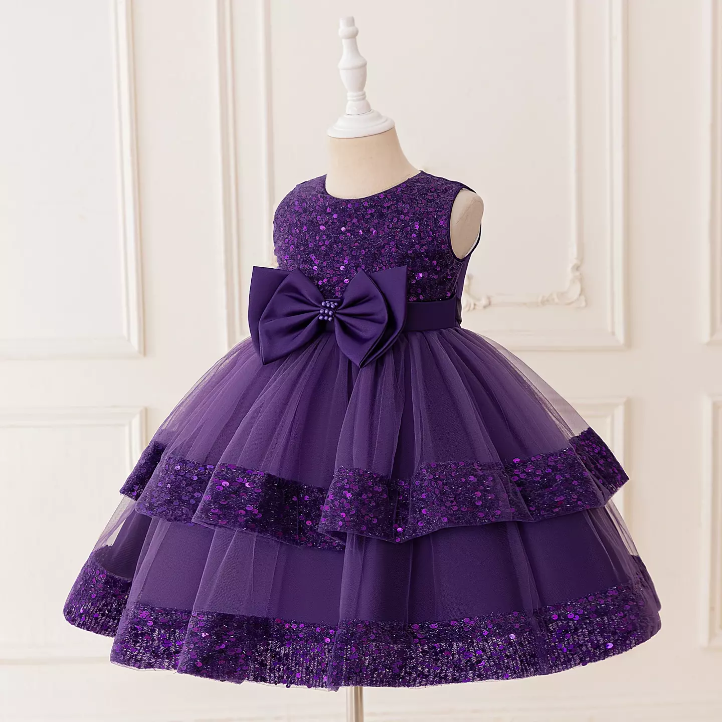 Lindsey Purple Round Neck Sequin Bow Girls Party Dress