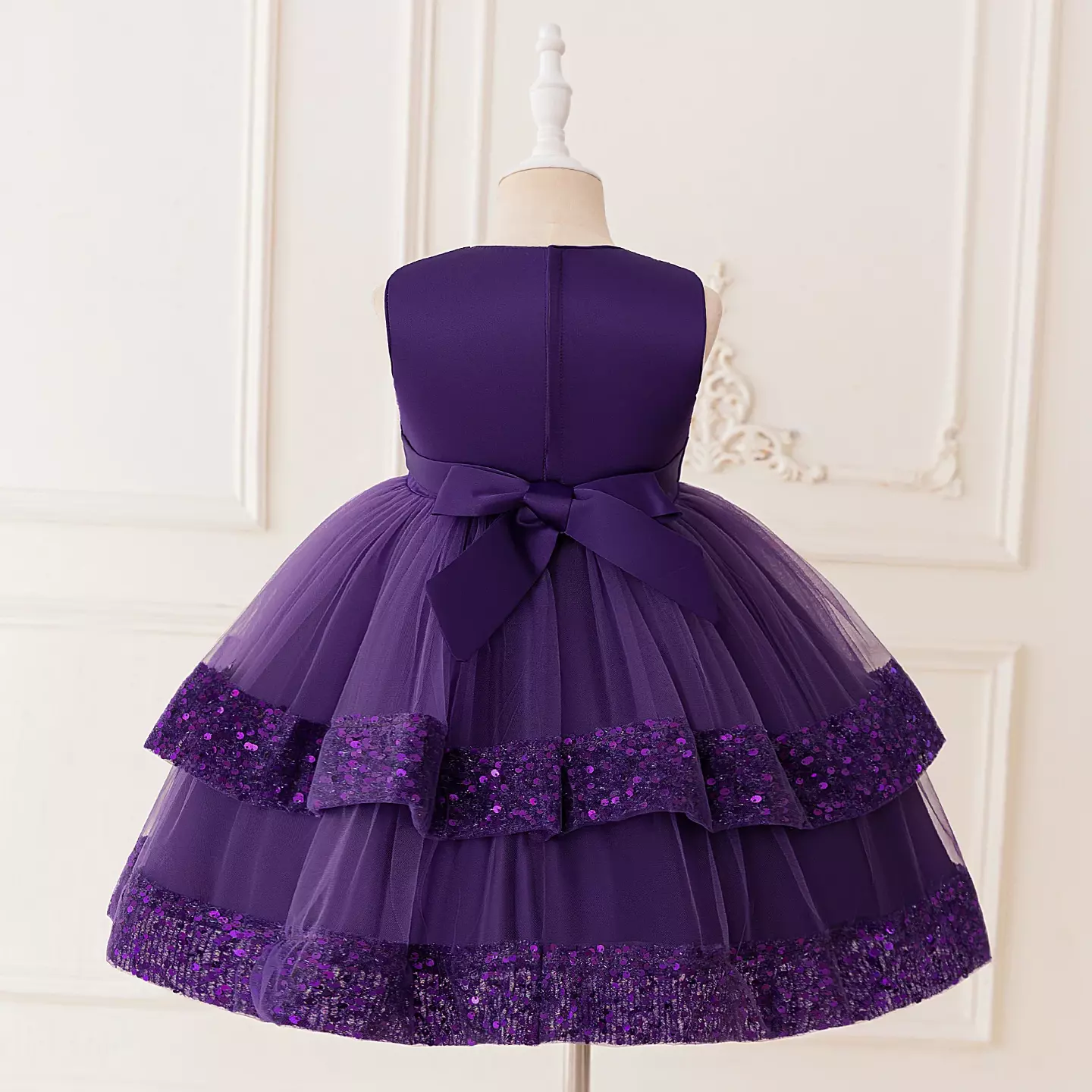 Lindsey Purple Round Neck Sequin Bow Girls Party Dress