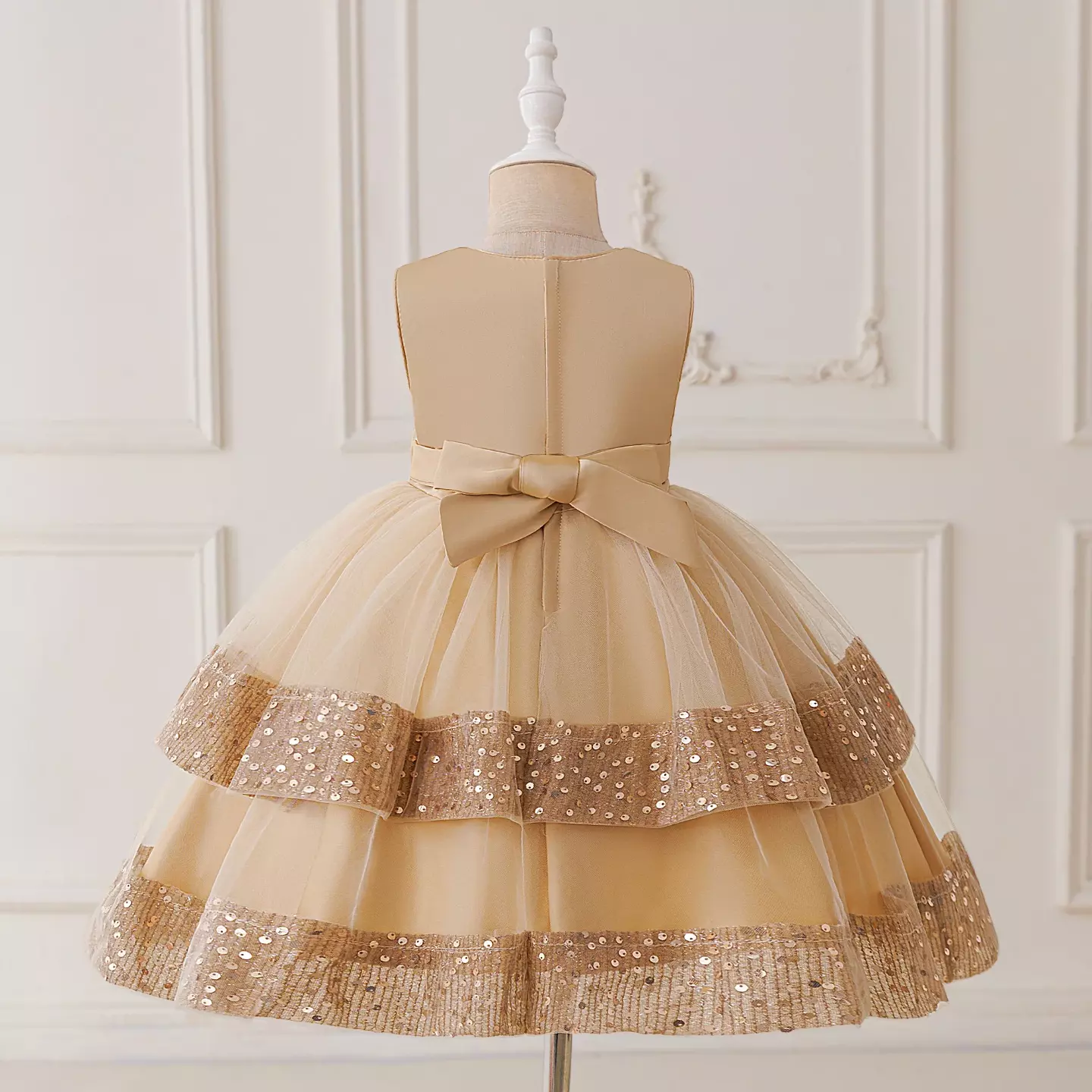 Lindsey Beige Back Sash Bow Sequin Girls Dress