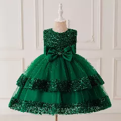 Lindsey Forest Green Gathered Sequin Band Girls Dress