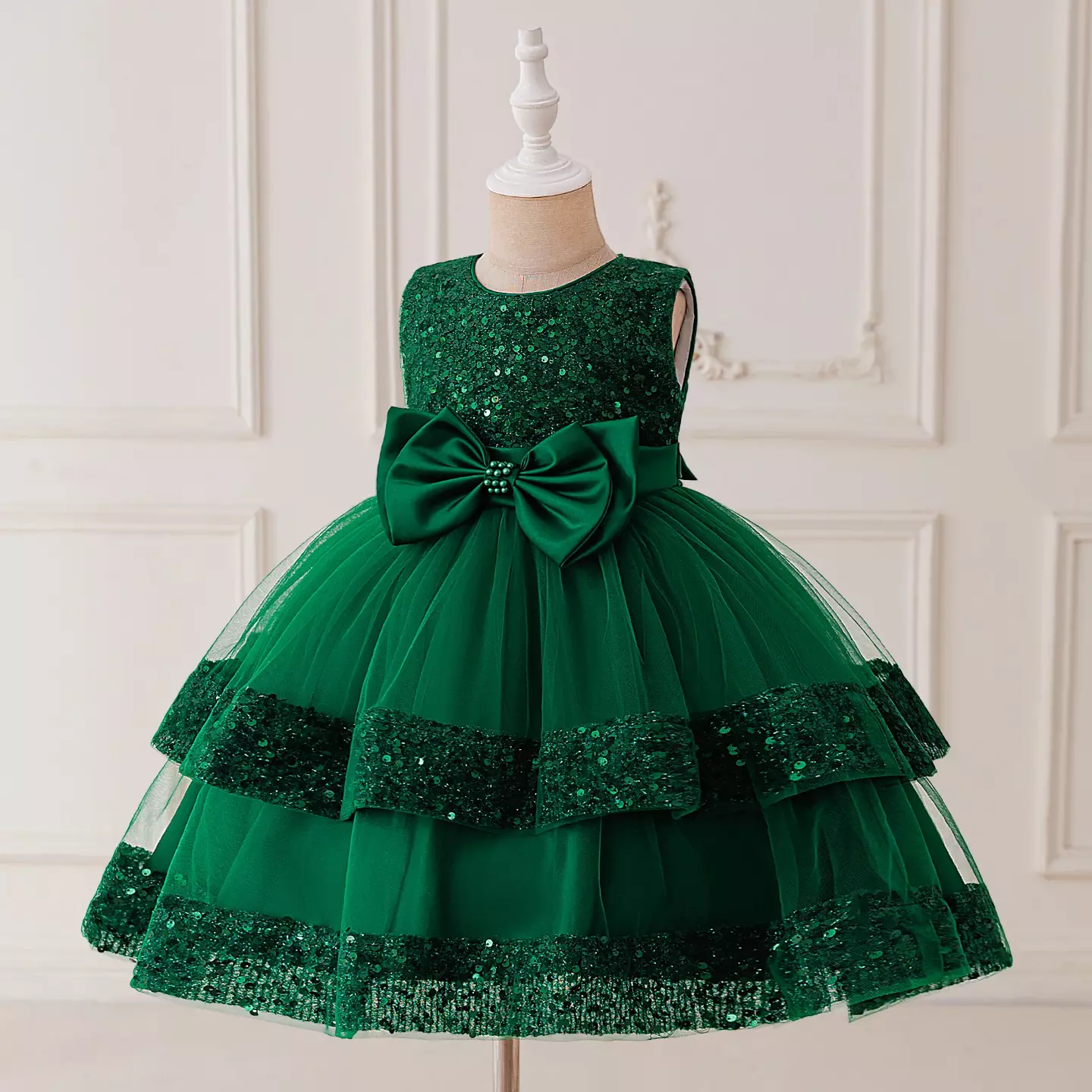 Lindsey Forest Green Gathered Sequin Band Girls Dress