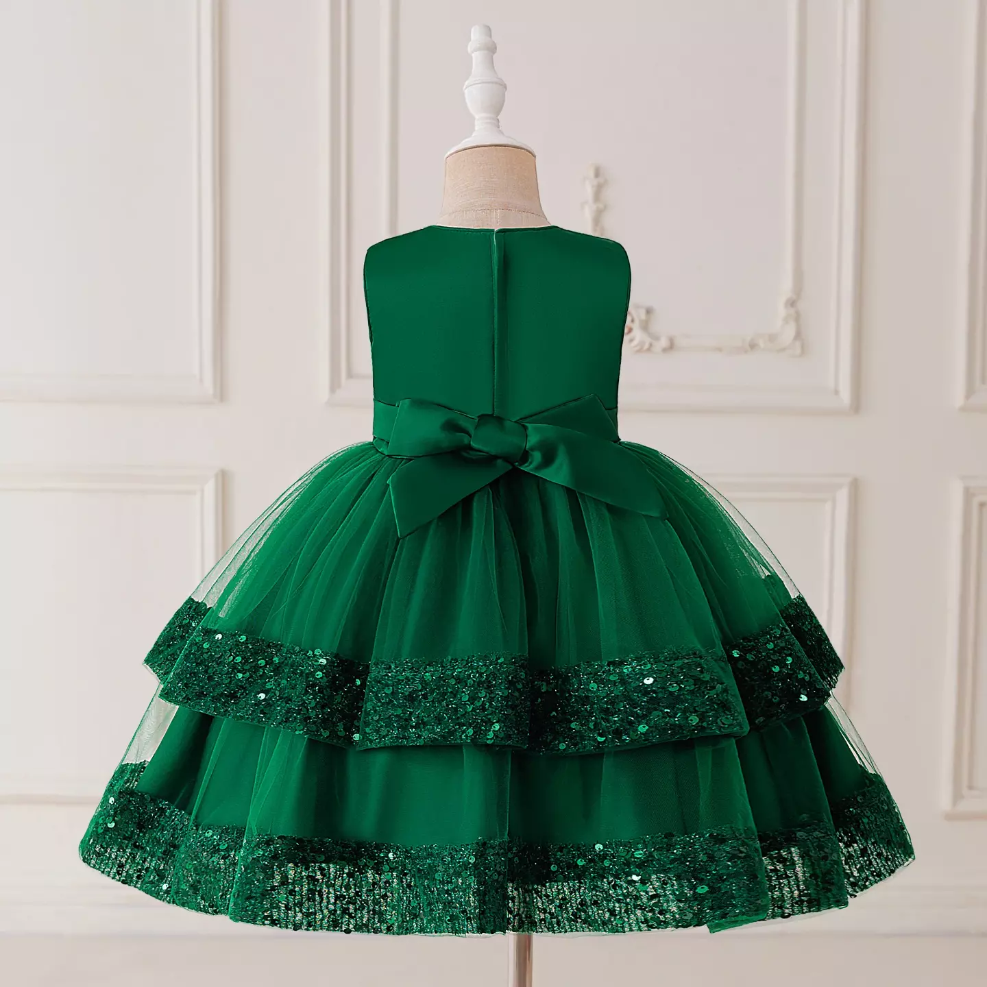 Lindsey Forest Green Gathered Sequin Band Girls Dress