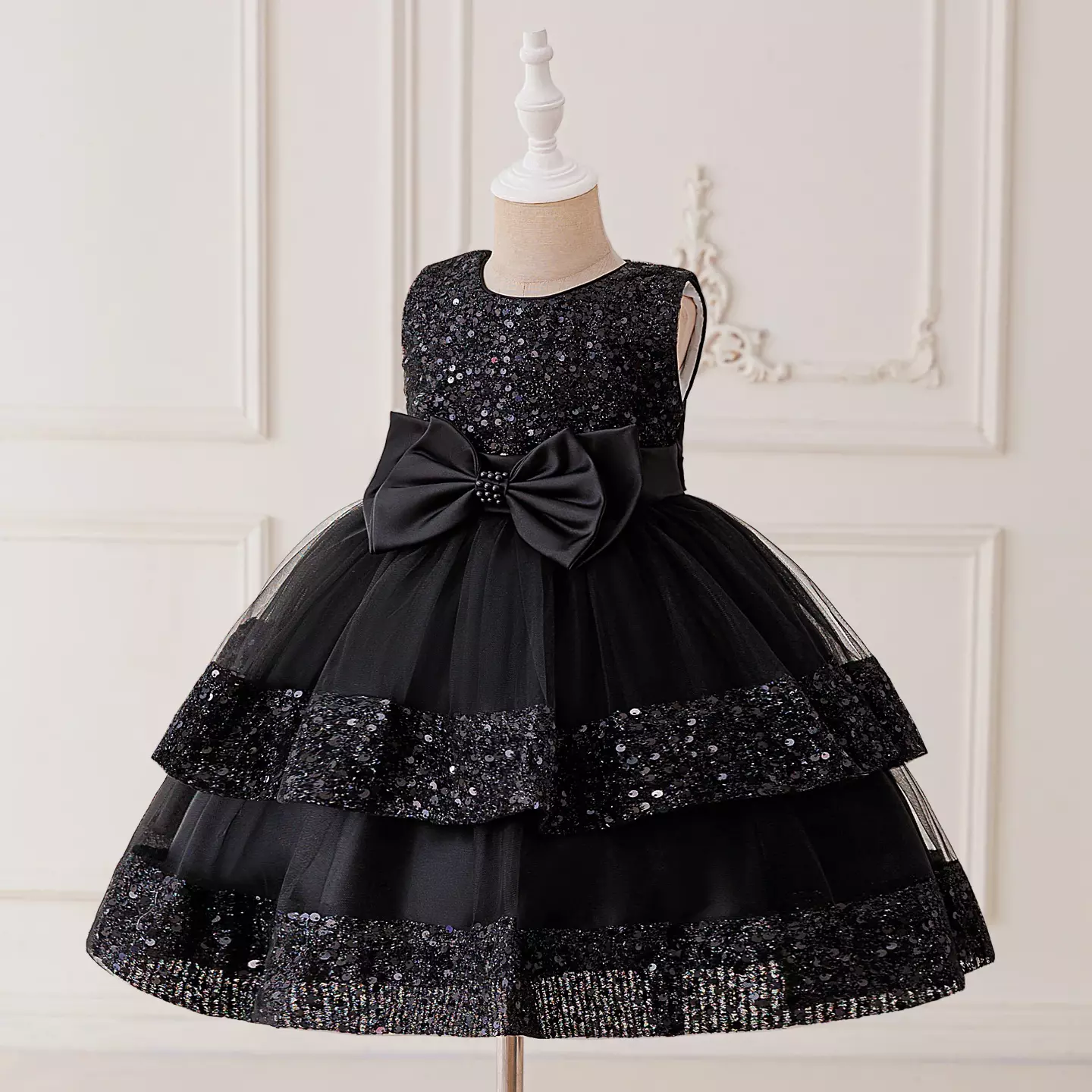 Lindsey Black Sleeveless Sequin Bow Girls Party Dress