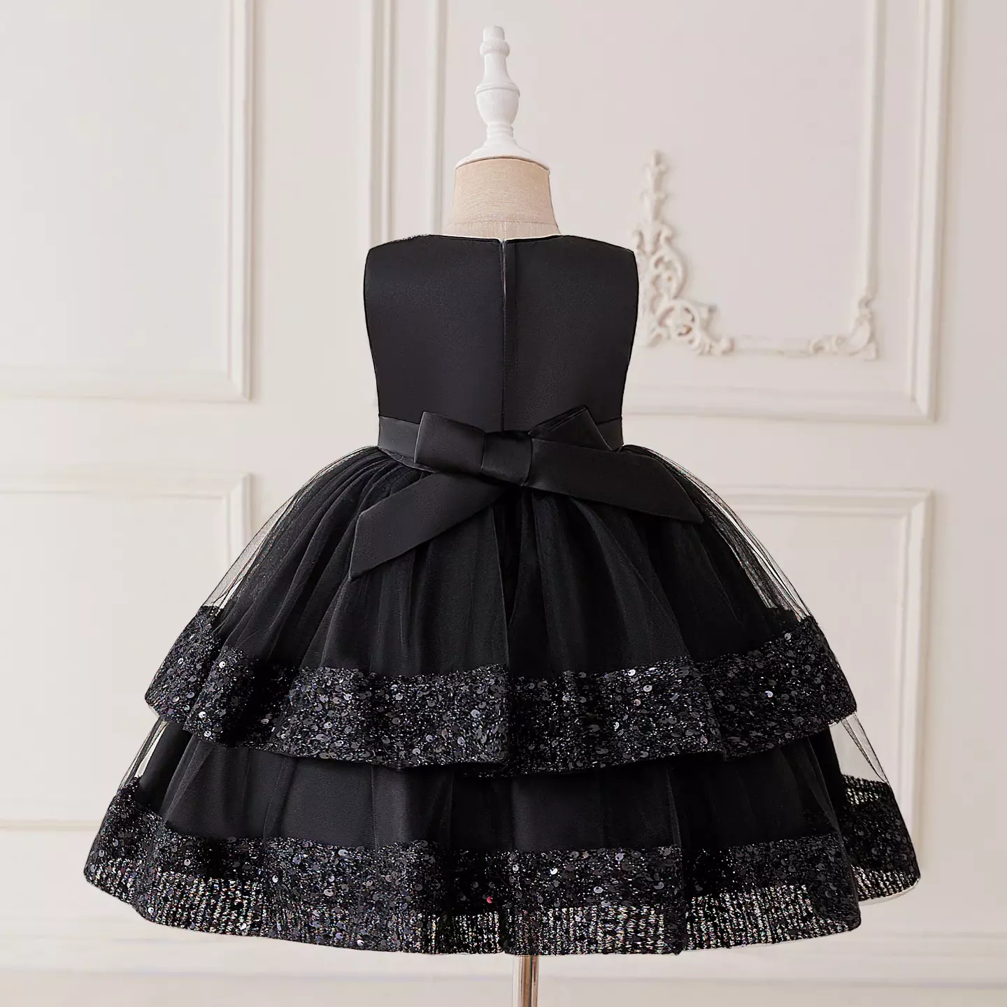 Lindsey Black Sleeveless Sequin Bow Girls Party Dress