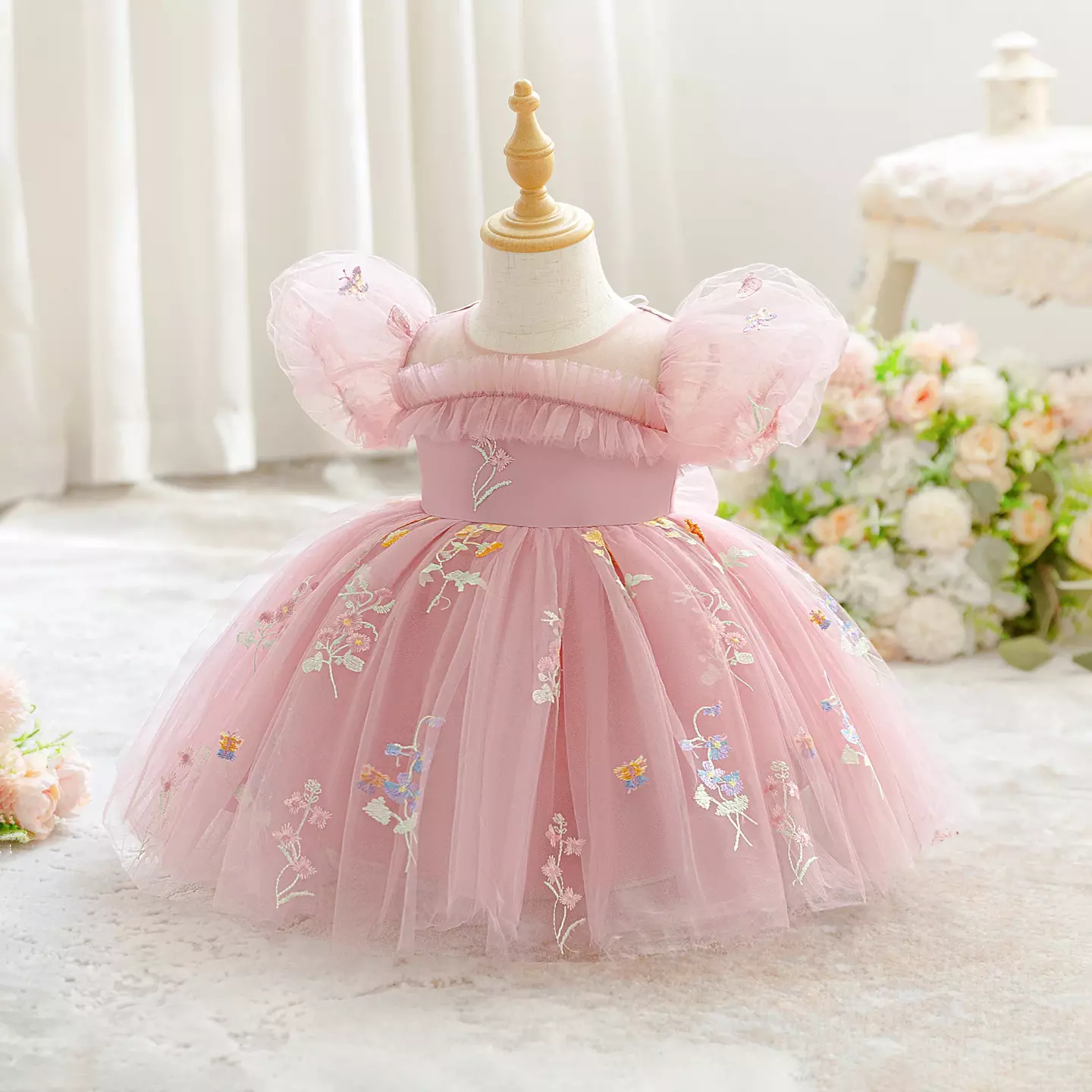 JJ Dusty Pink Floral Embroidered Tulle Baby Party Dress