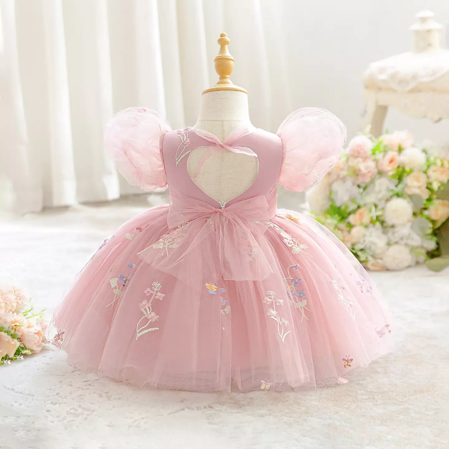 JJ Dusty Pink Floral Embroidered Tulle Baby Party Dress