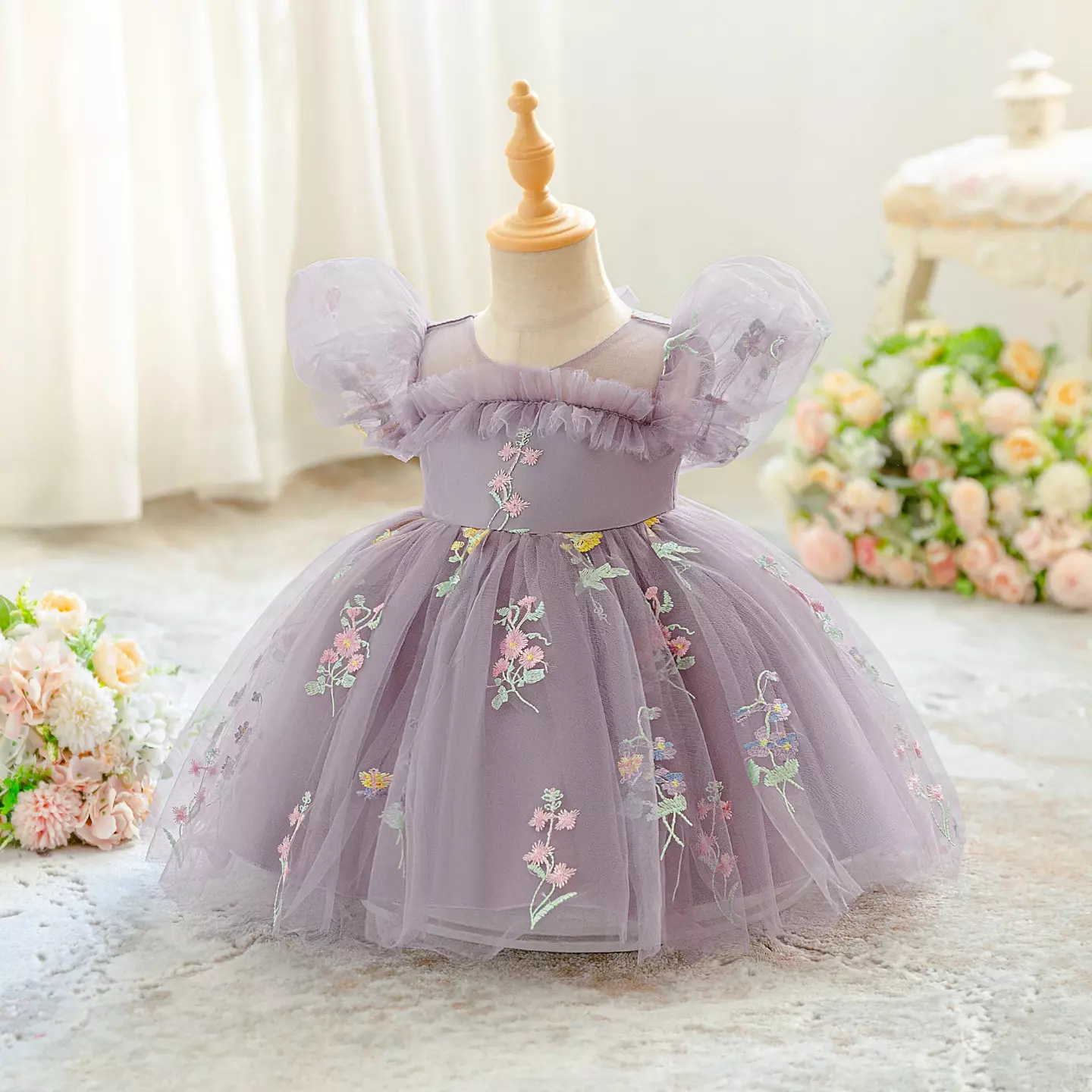 JJ Purple Floral Embroidered Tulle Baby Party Dress