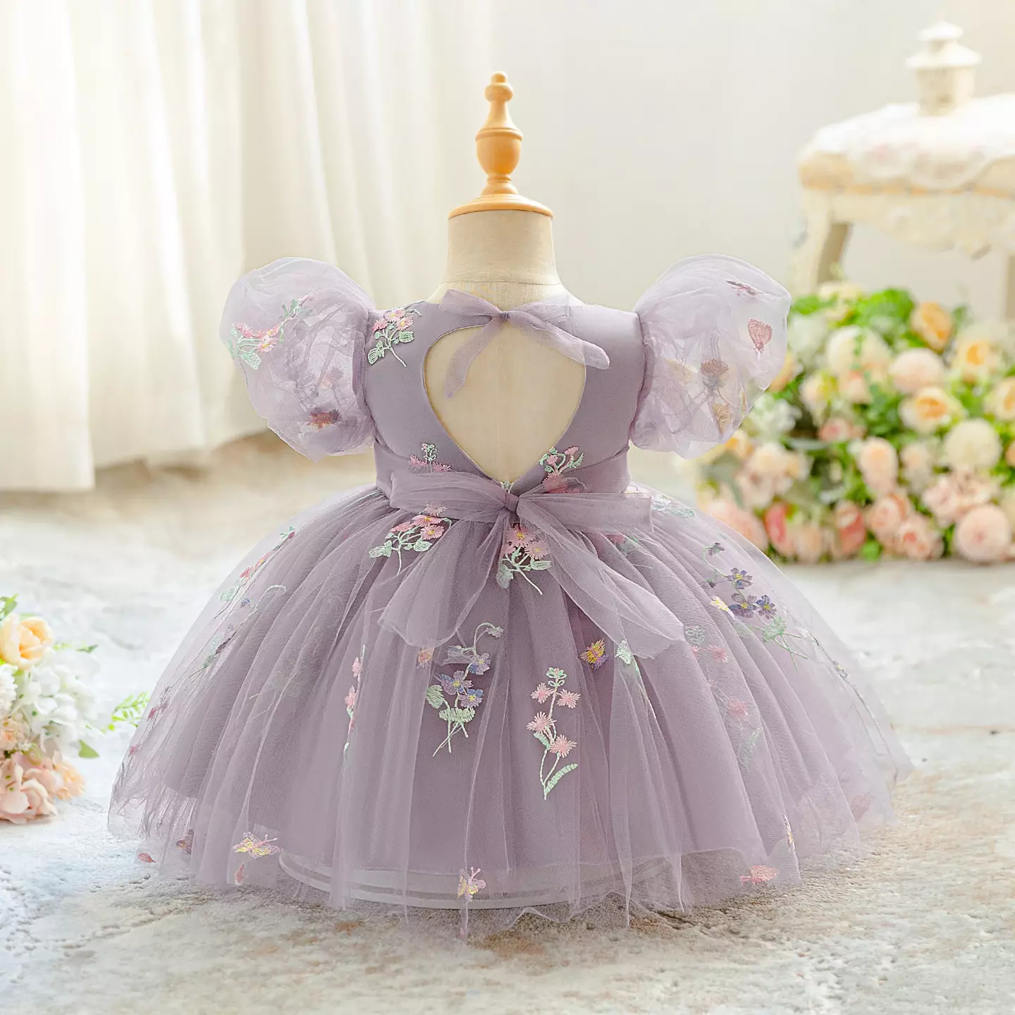 JJ Purple Floral Embroidered Tulle Baby Party Dress
