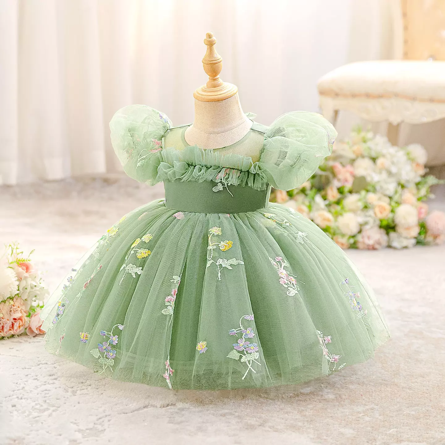 JJ Sage Green Floral Embroidered Tulle Baby Party Dress