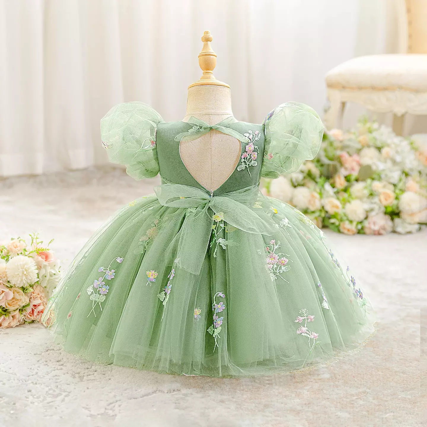 JJ Sage Green Floral Embroidered Tulle Baby Party Dress