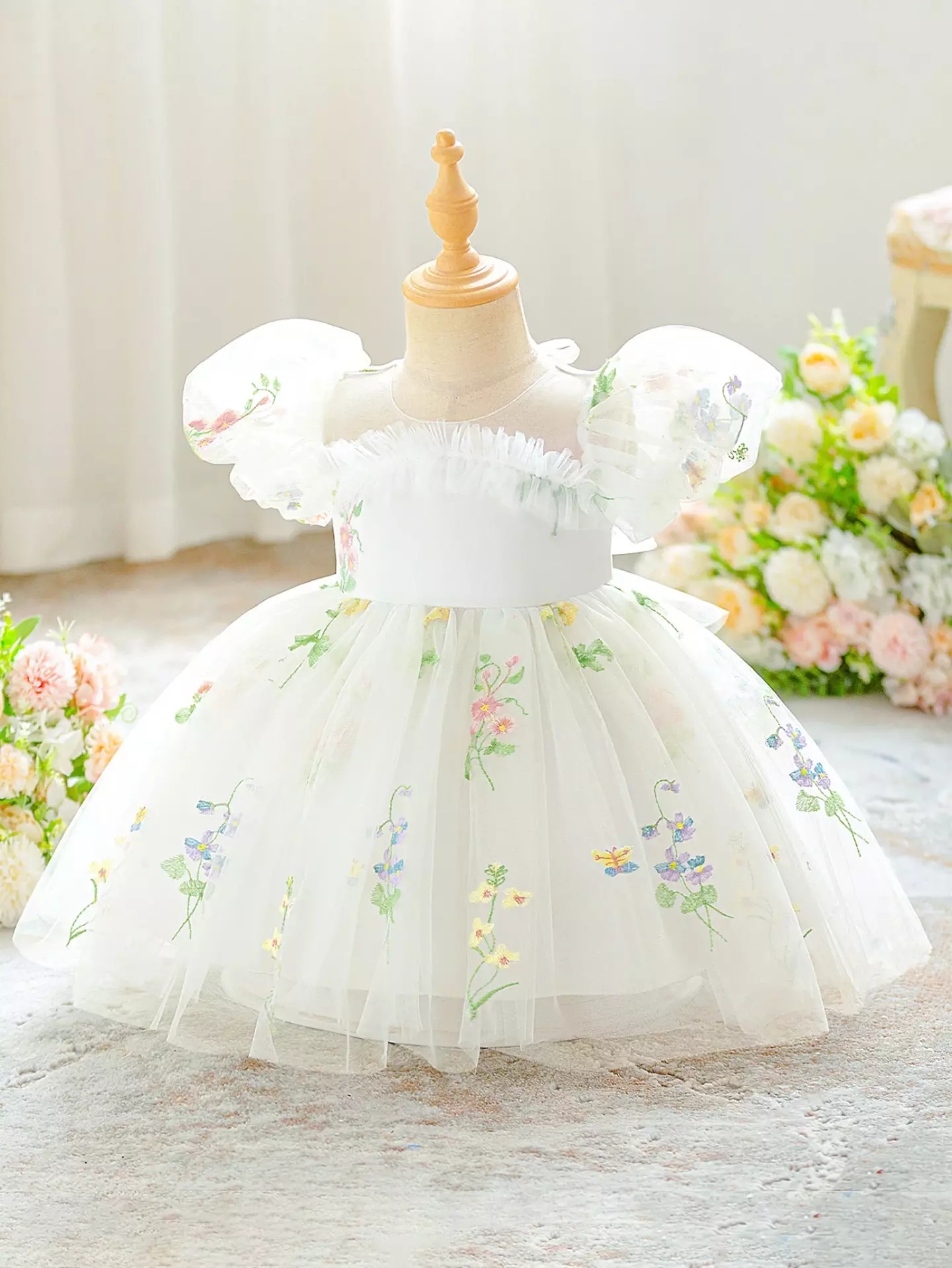 JJ White Floral Embroidered Tulle Baby Occasion Dress