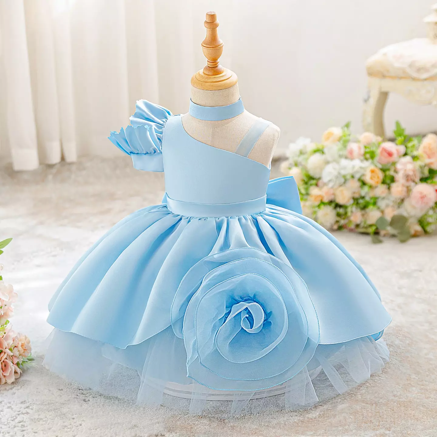 Jen Light Blue Satin Party Dress with Rosette and Back Bow