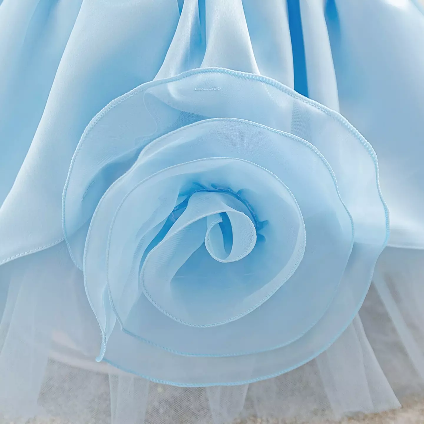 Jen Light Blue Satin Party Dress with Rosette and Back Bow