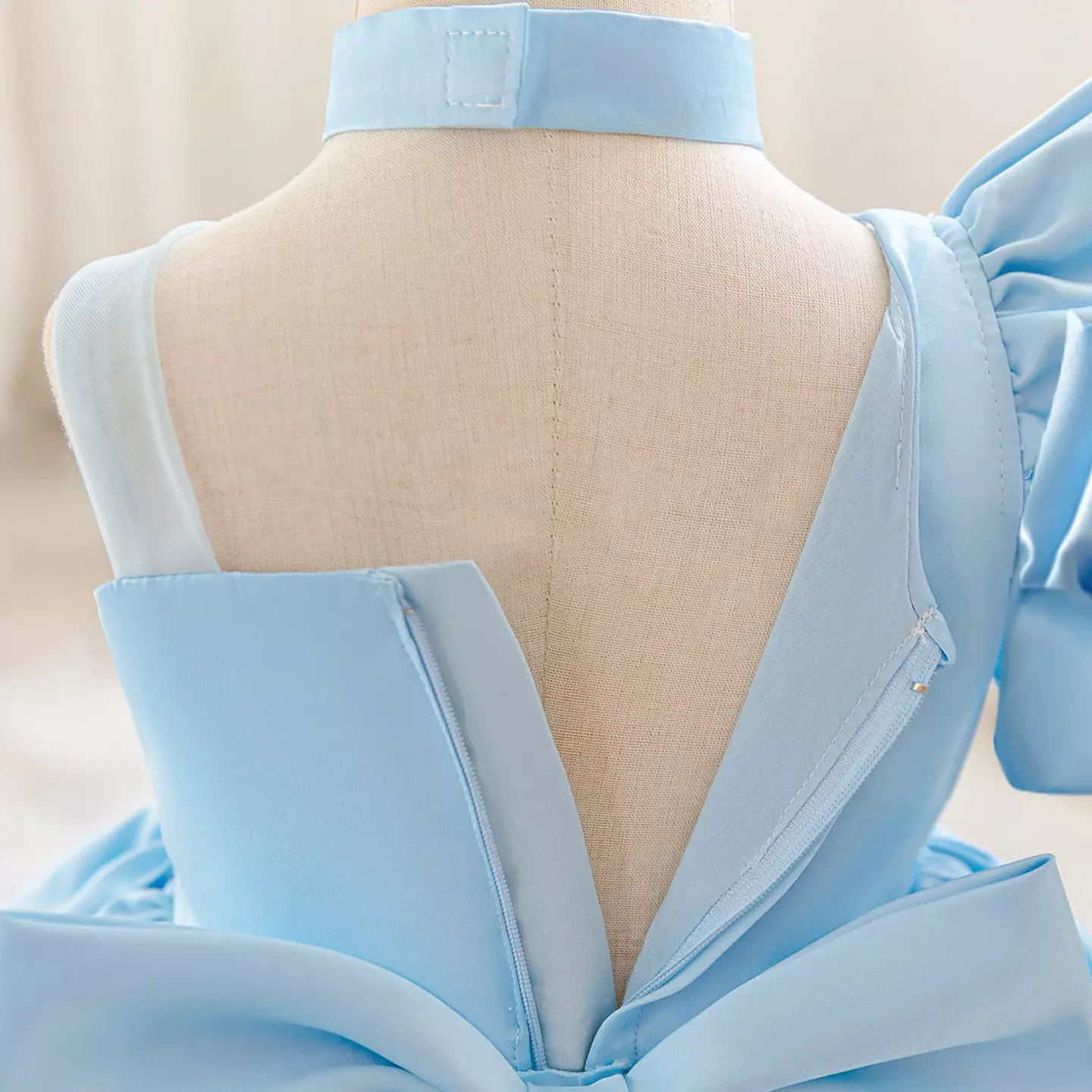 Jen Light Blue Satin Party Dress with Rosette and Back Bow
