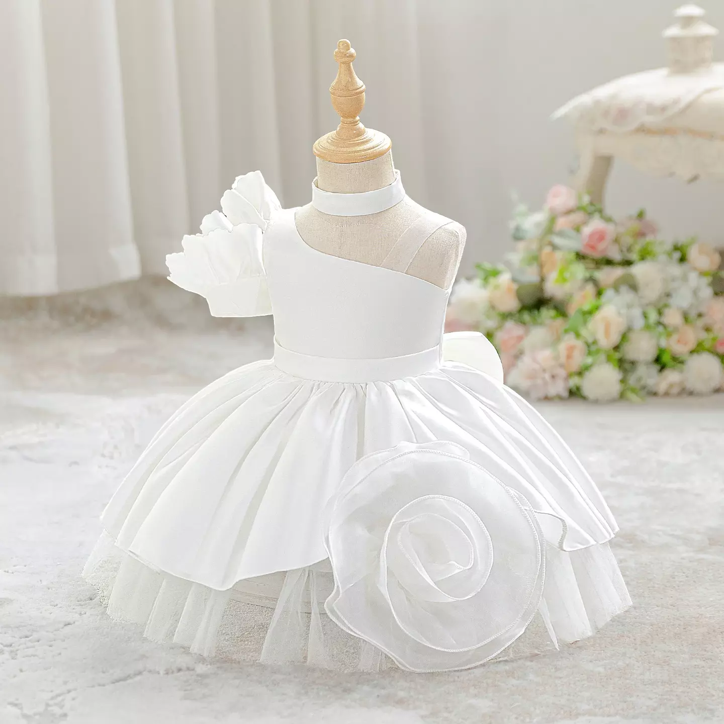 Jen White Satin Baby Christening Dress with Rosette and Back Bow