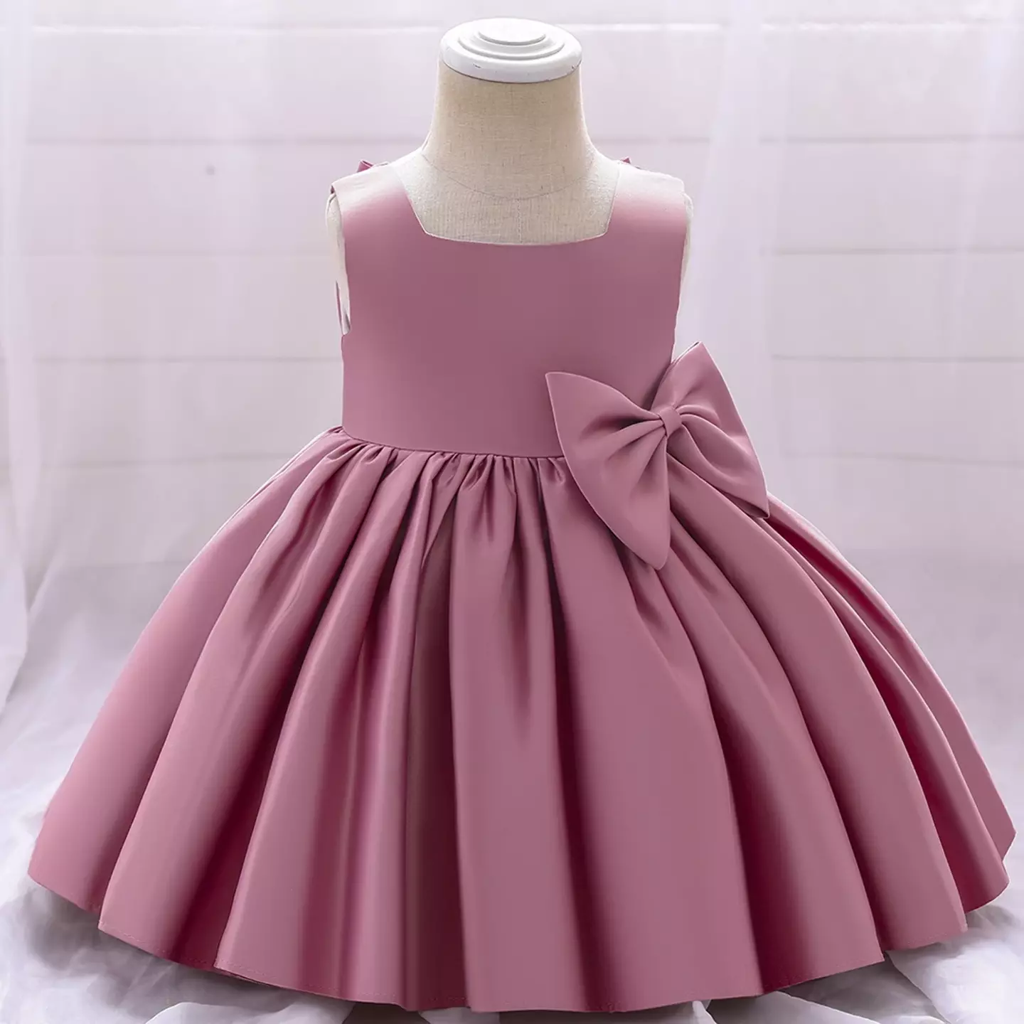 Tina Dark Pink Satin Bow Knee Length Party Dress for Baby Girls & Girls