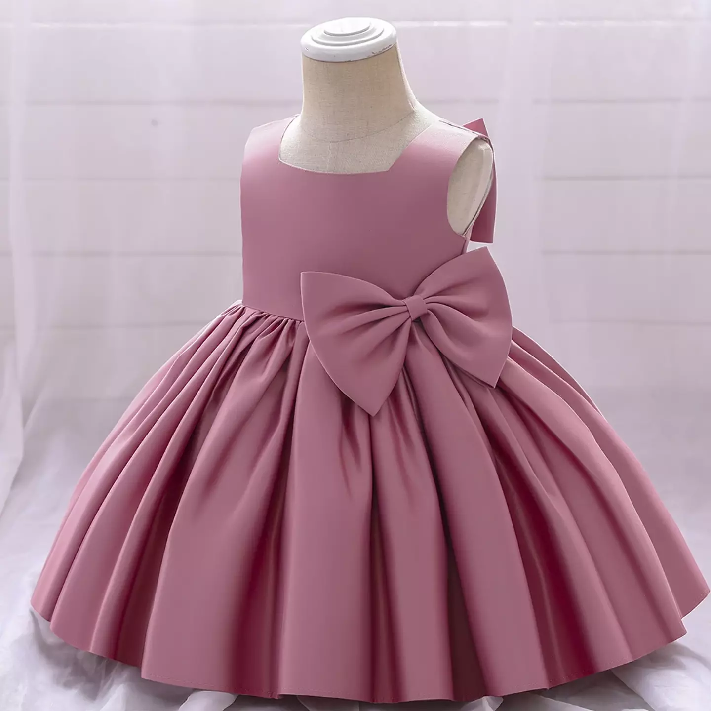 Tina Dark Pink Satin Bow Knee Length Party Dress for Baby Girls & Girls