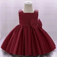 Tina Maroon Satin Bow Knee Length Party Dress for Baby Girls & Girls