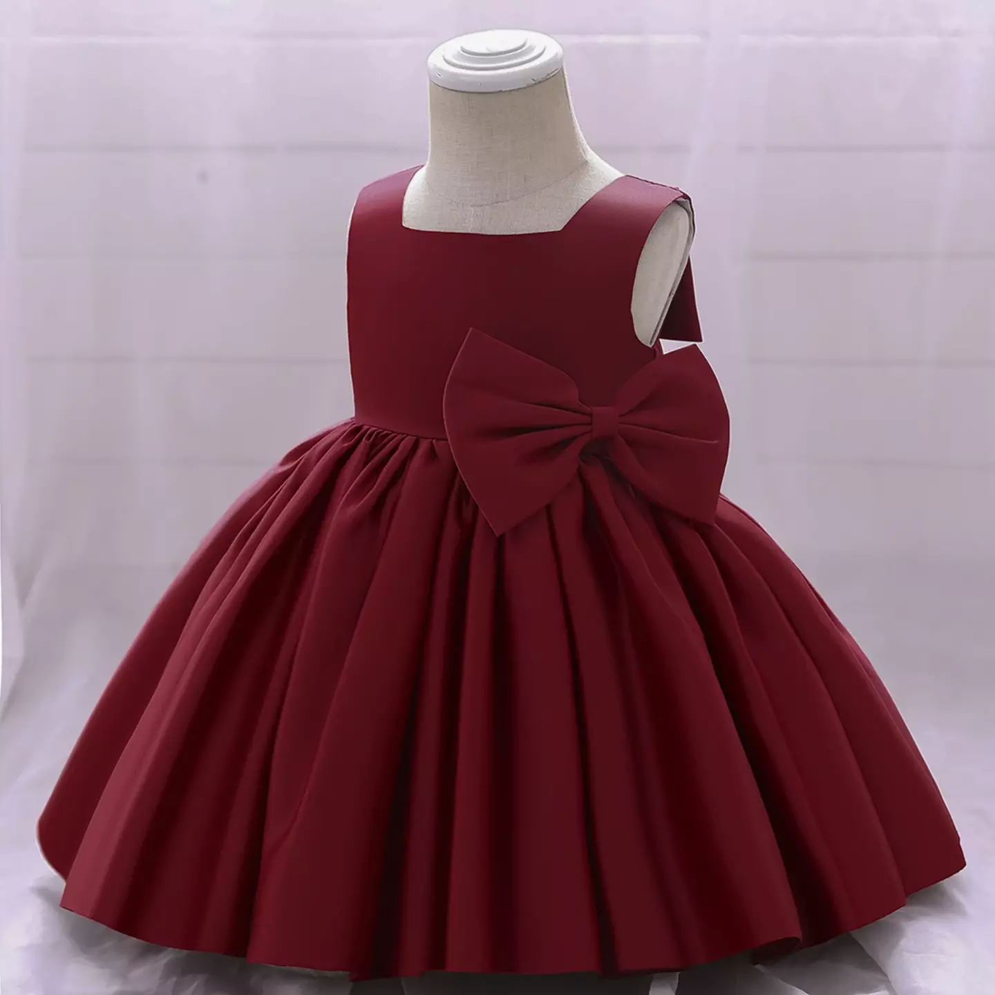 Tina Maroon Satin Bow Knee Length Party Dress for Baby Girls & Girls